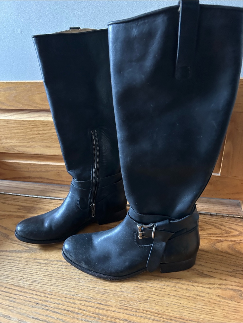 Frye Black Leather Tall Harness Boots